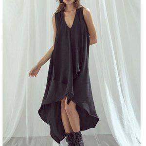 Black V-Neck Draped Sleeveless High Low Dress